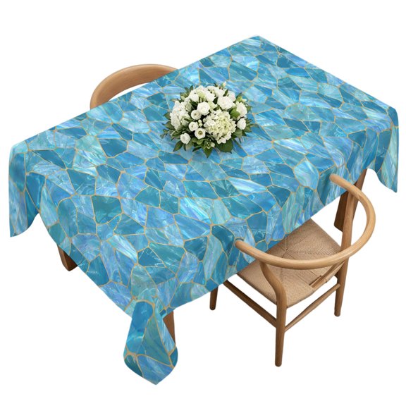 Blue Geometric Rectangle Tablecloth, Country Chic Abstract Gradient Motifs Waterproof & StainResistant Tablecloth, Washable Oil-proof Table Cover for Dining/Party/Wedding/Camping/Buffet 60x120 In