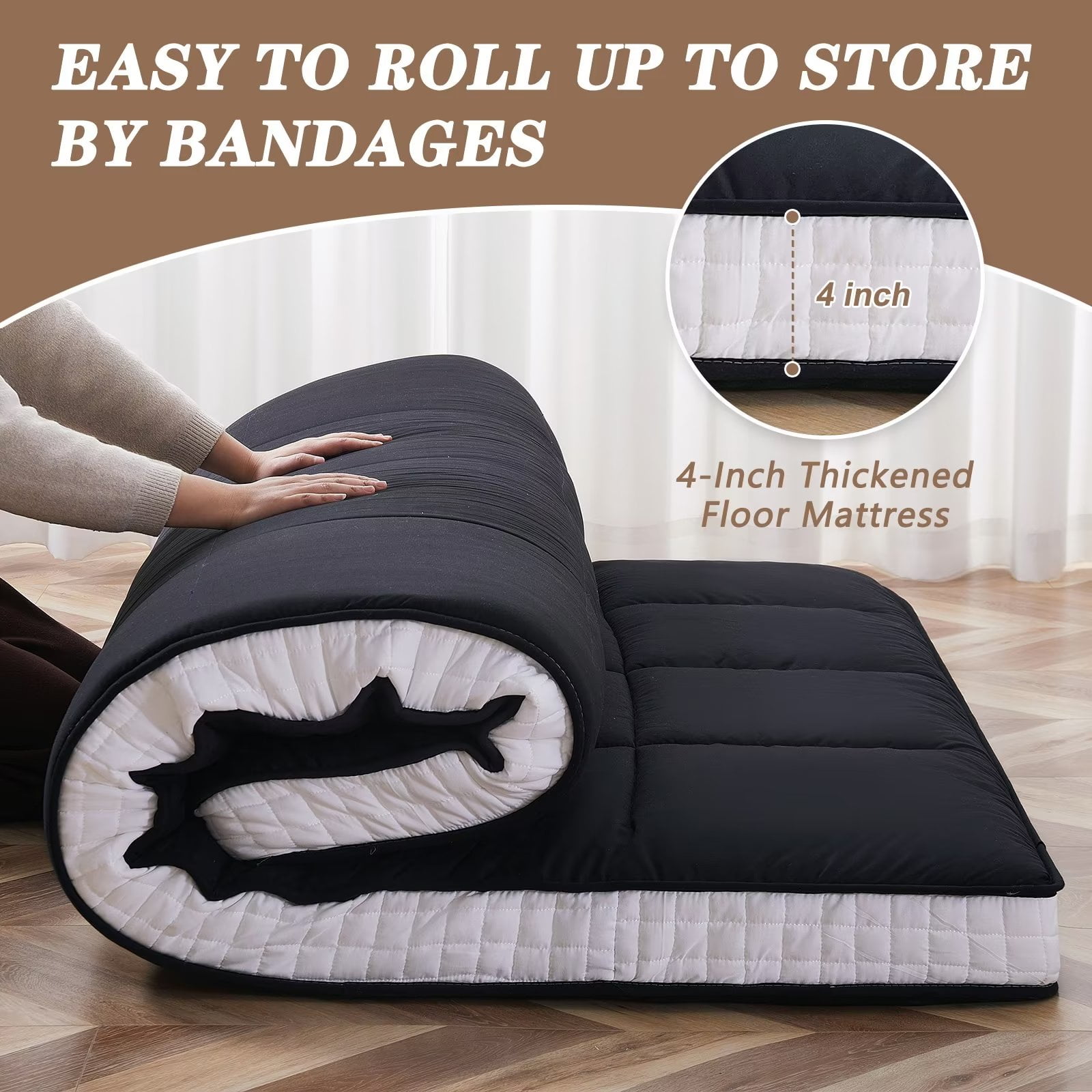 MOPHOTO Black Floor Mattress with Storage Bag Japanese Futon Mattress Extra Thick Folding Sleeping Pad Futon Mattress Portable Camping Mattress, Full