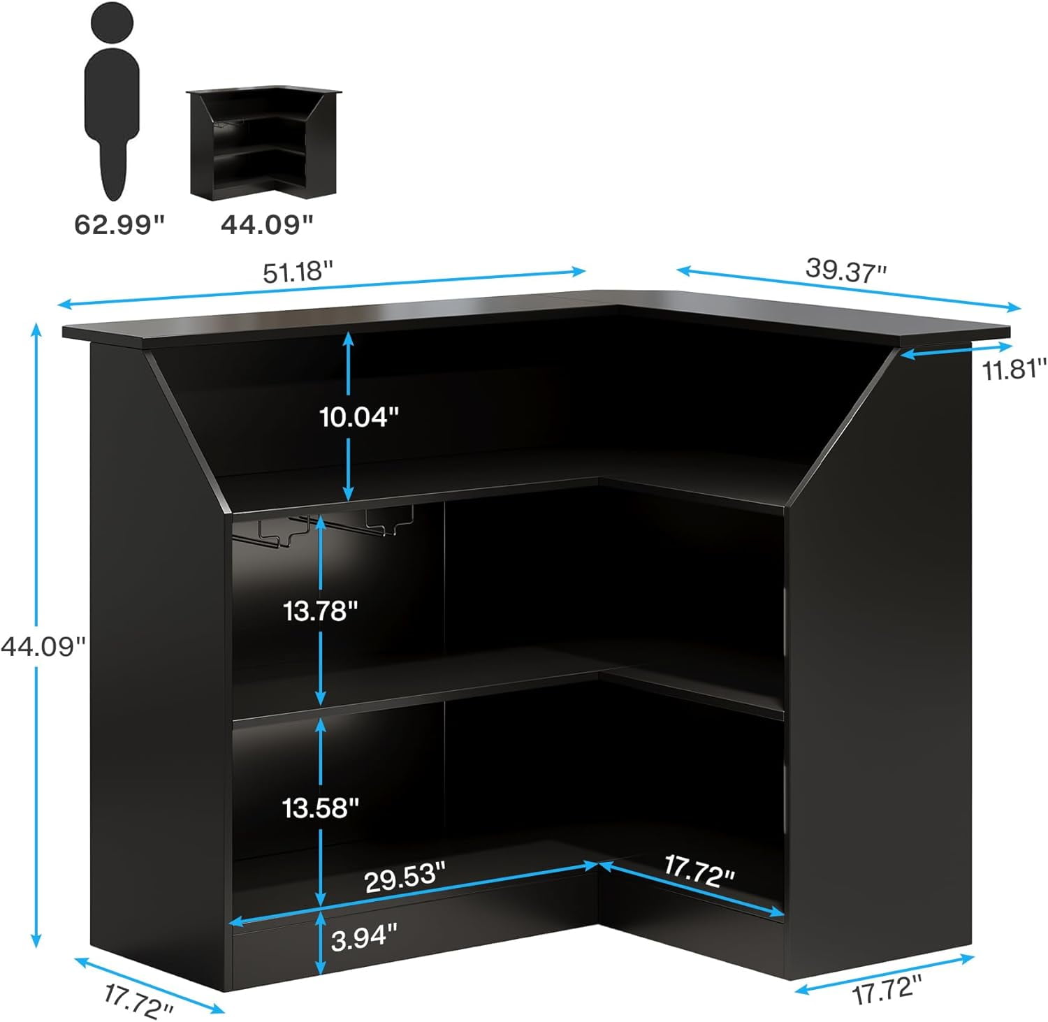 Finmind L-shaped Home Bar Cabinet with Glass Holders, Multi-tier Corner Liquor Display Unit, Versatile Wine Bar Table and Reception Desk, Black
