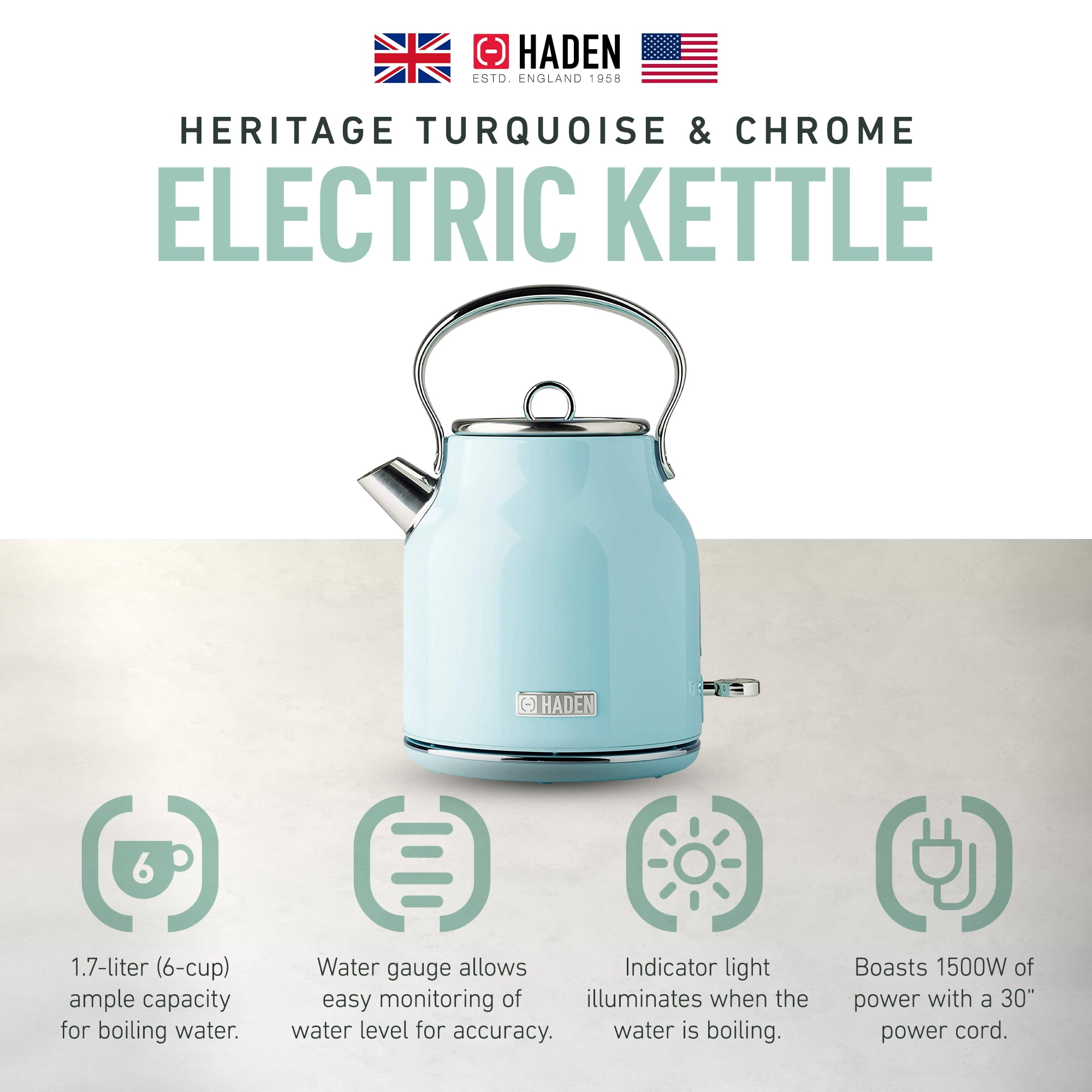 Open Box Haden Heritage 1.7L Stainless Steel Electric Water Kettle, Turquoise