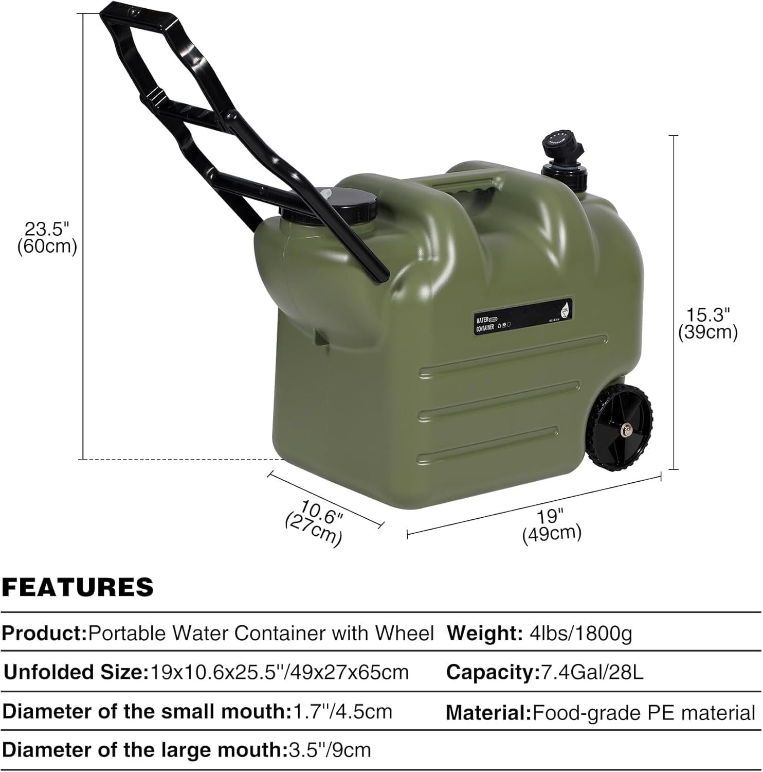 REDCAMP 7.4 Gallon Water Container with Wheels & Folding Handle, Portable Emergency Water Storage Tank with Spigot, BPA Free Water Jug for Camping Outdoor Hiking (28L, Green)