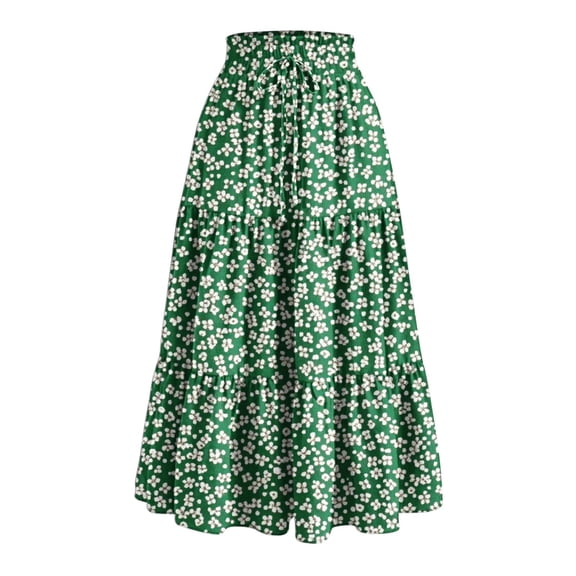 Inleife Women's Summer Fashion Printing Skirts Drawstring Pocket Elastic Waist Skirt Green L