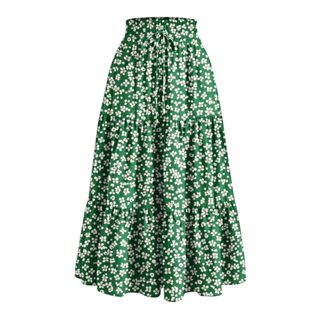 Fmbrln Womens Summer Flowy Long Skirts Elastic Waist Drawstring Pleated A Line Maxi Skirts Fashion Floral Print Beach Boho Skirts with Pockets Green L