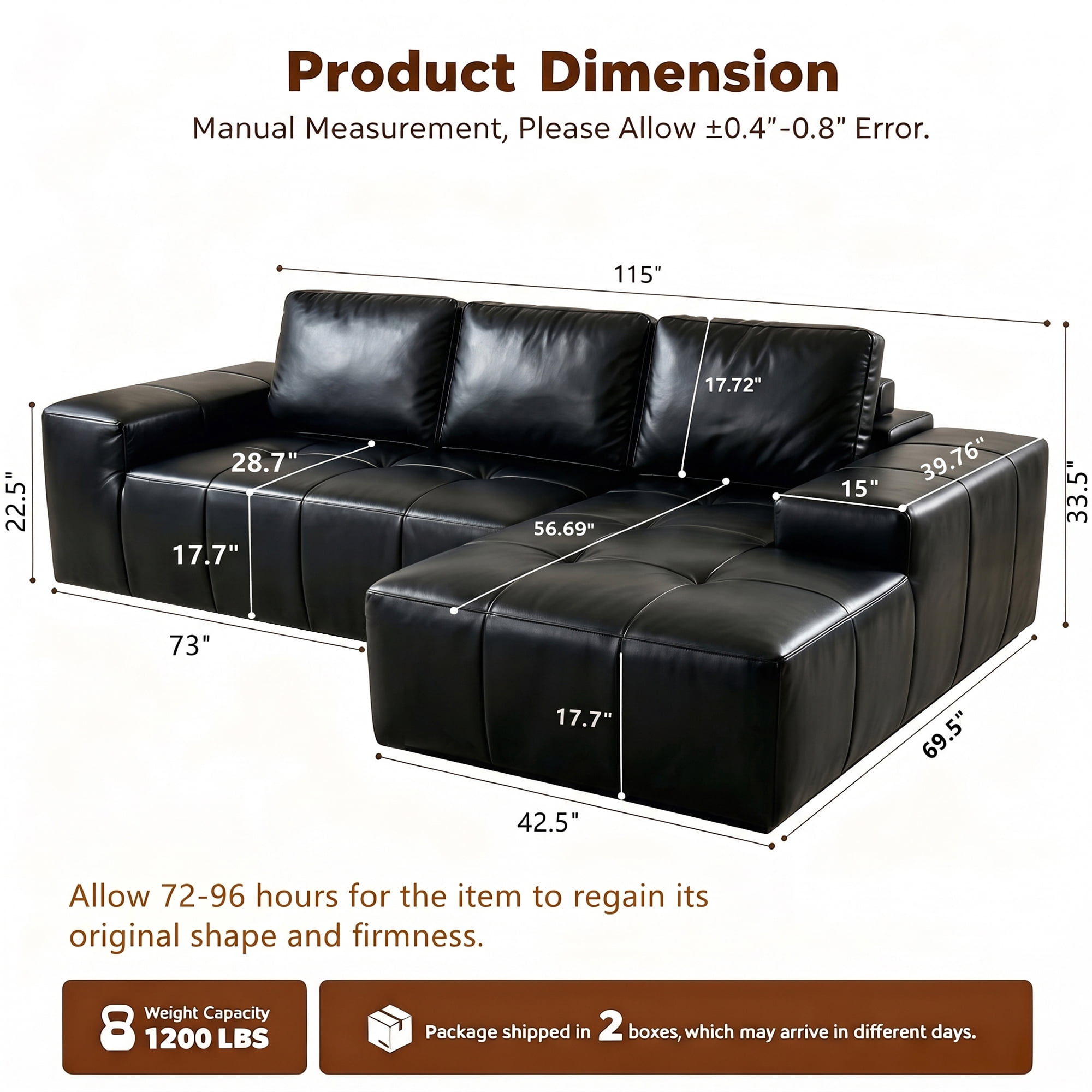 Aukfa 115" Leather Cloud Sectional Sofa Oversized Boneless Couch Modular L-Shaped Sofa for Living Room, Right Chaise, Black