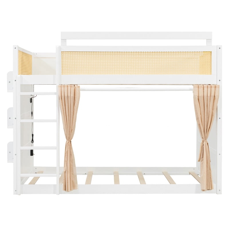 Full Size Bunk Bed with 3-Tier Storage Shelf, Rattan-Style Decor, Privacy Curtains and LED Light Strip, Modern Wood Full Over Full Bunk Bed Frame for Kids Teens