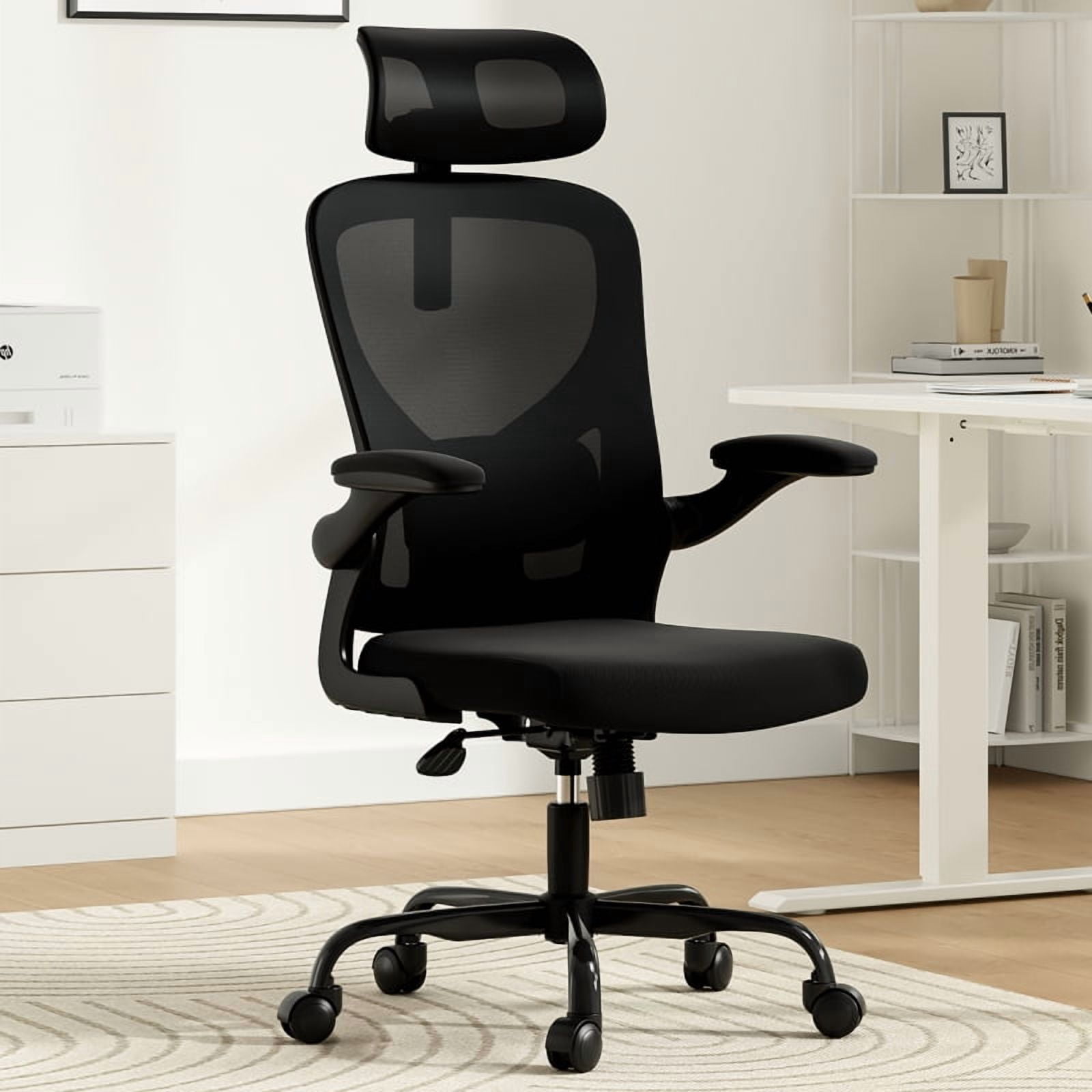 Ergonomic Office Chair, Home Office Desk Chair with Headrest, High Back Computer Chair with Armrests and Adjustable Lumbar Support for Home Office Study Room, White & Khaki