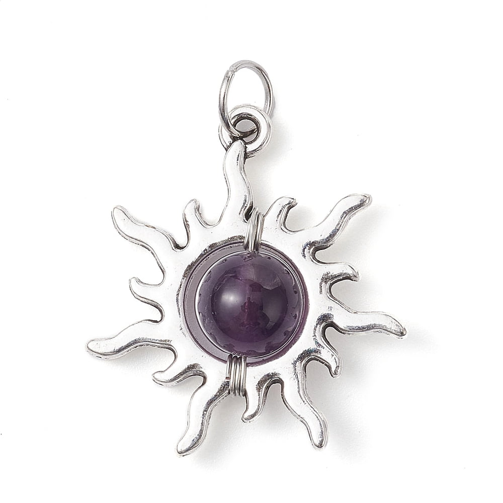 30sets 5pcs 5 styles Mixed Stone Round Pendants style Alloy Sun with 304 Stainless Steel Jump Rings Antique Silver 26.5x24x9mm Hole: 5mm 1pc/style