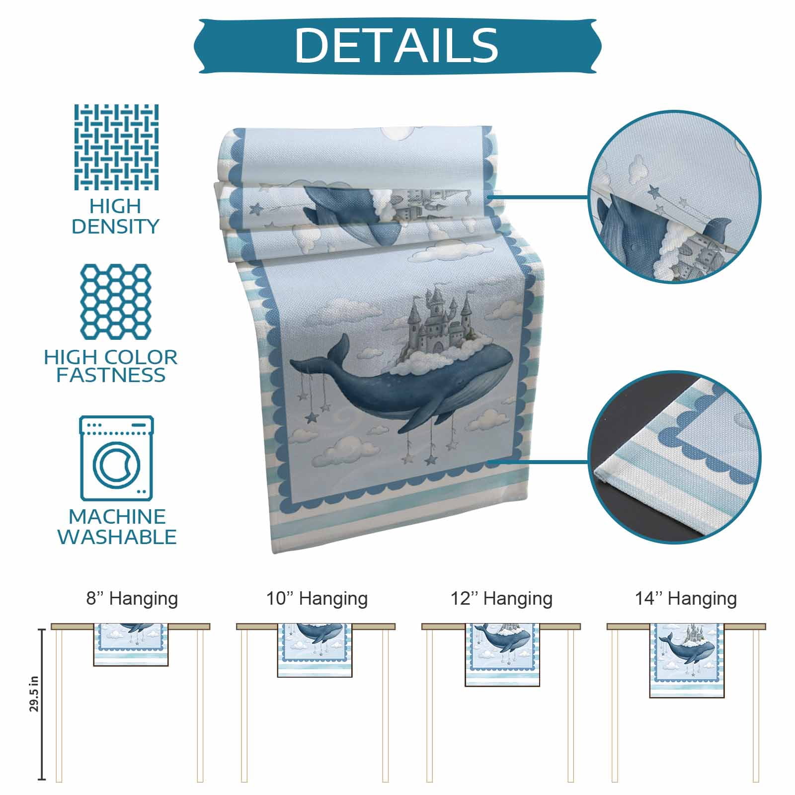 Burlap Table Runner 70 Inches Long,Ocean Whale Castle Cloud Sky Non-Slip Kitchen Table Runners for Dining Room Everyday Use Party Table Decorations Blue Theme Stripe