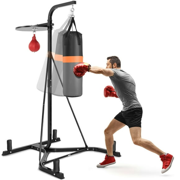 Gymax Support de Boxe et de Frappe Robuste avec Sac Lourd et Sac de Vitesse, Support pour Sacs de Sable, Gym à la Maison