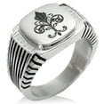 thumbnail image 1 of Stainless Steel Ornate Fleur De Lis CZ Ribbed Needle Stripe Pattern Biker Style Polished Ring, 1 of 1