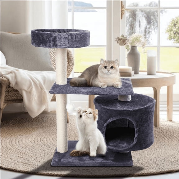 Cat Tree,Medium Small Cat Tower Condo with Soft Perch Hammock Scratching Posts,Self-grooming Toy,�Activity Centre Climbing Tree Cat Furniture with Cat Condo and Two Hammocks, Grey