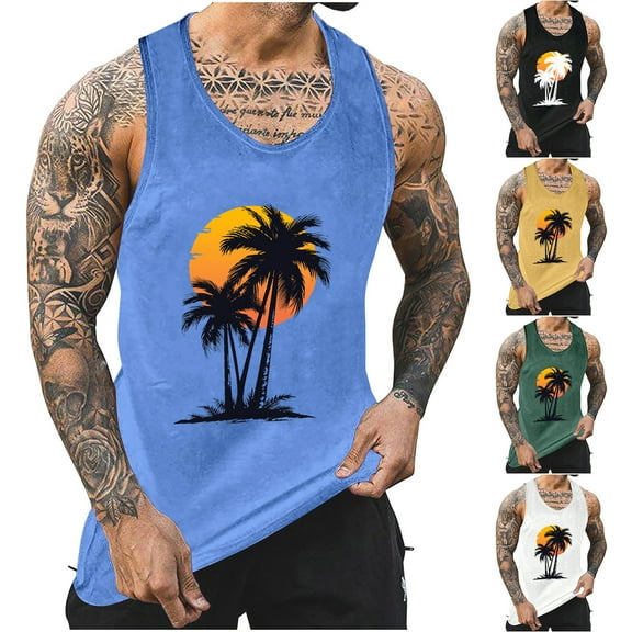 ZRGHAOYLQ Hawaiian Sleeveless Tank Tops for Men Big and Tall Plus Size Tank Top Beach Palm Tree Graphic Tees Loose Fit Crewneck Clothes