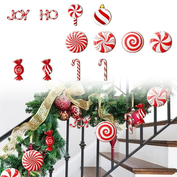 EZPXFCI Christmas Candy Ornament Set - 12 Pcs Plastic Peppermint Candy Cane Christmas Decorations Xmas Hanging Lollipop Pattern Decorations with Rope for Xmas Holiday Festival Decor Photo Booth Prop