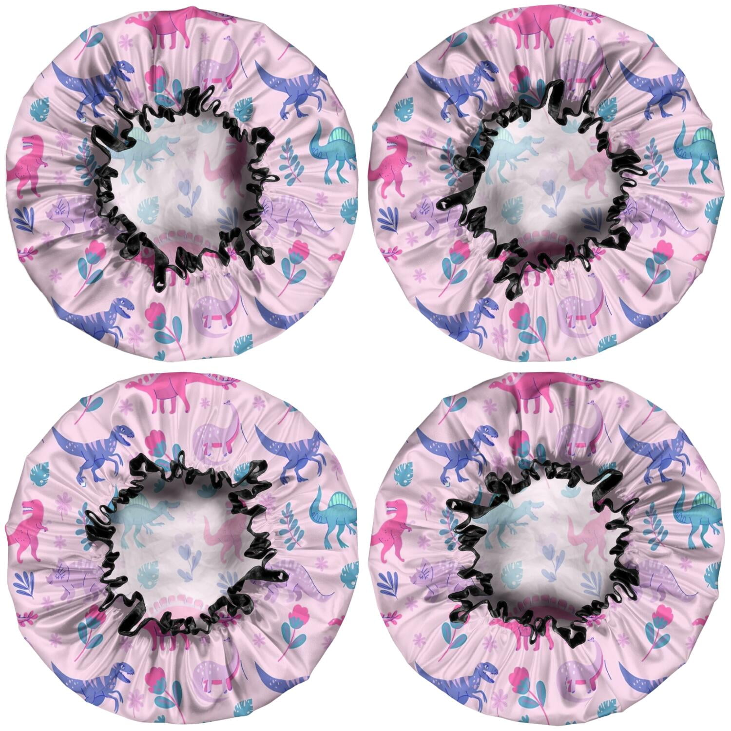 Shower Caps,Pink Dinosaurs Flowers Leaves Pattern Waterproof Shower Cap for Women 4 Pieces,Double Reusable Hair Cover for Shower PEVA Elastic Stretch Hem