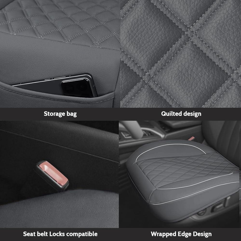 Autoking Cover Leather Front Car Seat Cover, Anti-Slip and Full Wrap Driver Car Seat Protectors with Storage Pocket, Luxury Bottom Auto Seat Cushion (Gray)