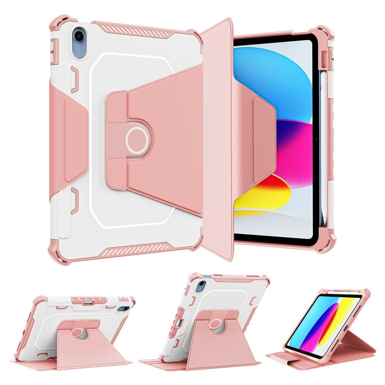 Dteck Case for iPad 10th Generation 10.9 inch 2022,Magnetic Leather  Shockproof Rubber Rugged Case 360 Rotatable Kickstand Built-in Pencil  Holder Heavy Duty Cover,Pink 