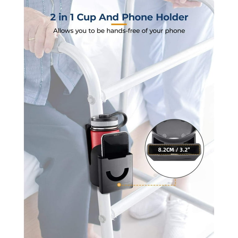 ISSYAUTO 2 in 1 Cup Holder with Phone Holder Universal Bike Cup Holder Organizer for Stroller, Wheelchair, Bicycle,Walker, Rollator