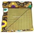 thumbnail image 4 of Handmade Kantha Quilt, Floral Pattern, Mustard Yellow with Purple and Green Accents Size ( King 108" x 108" ), 4 of 5