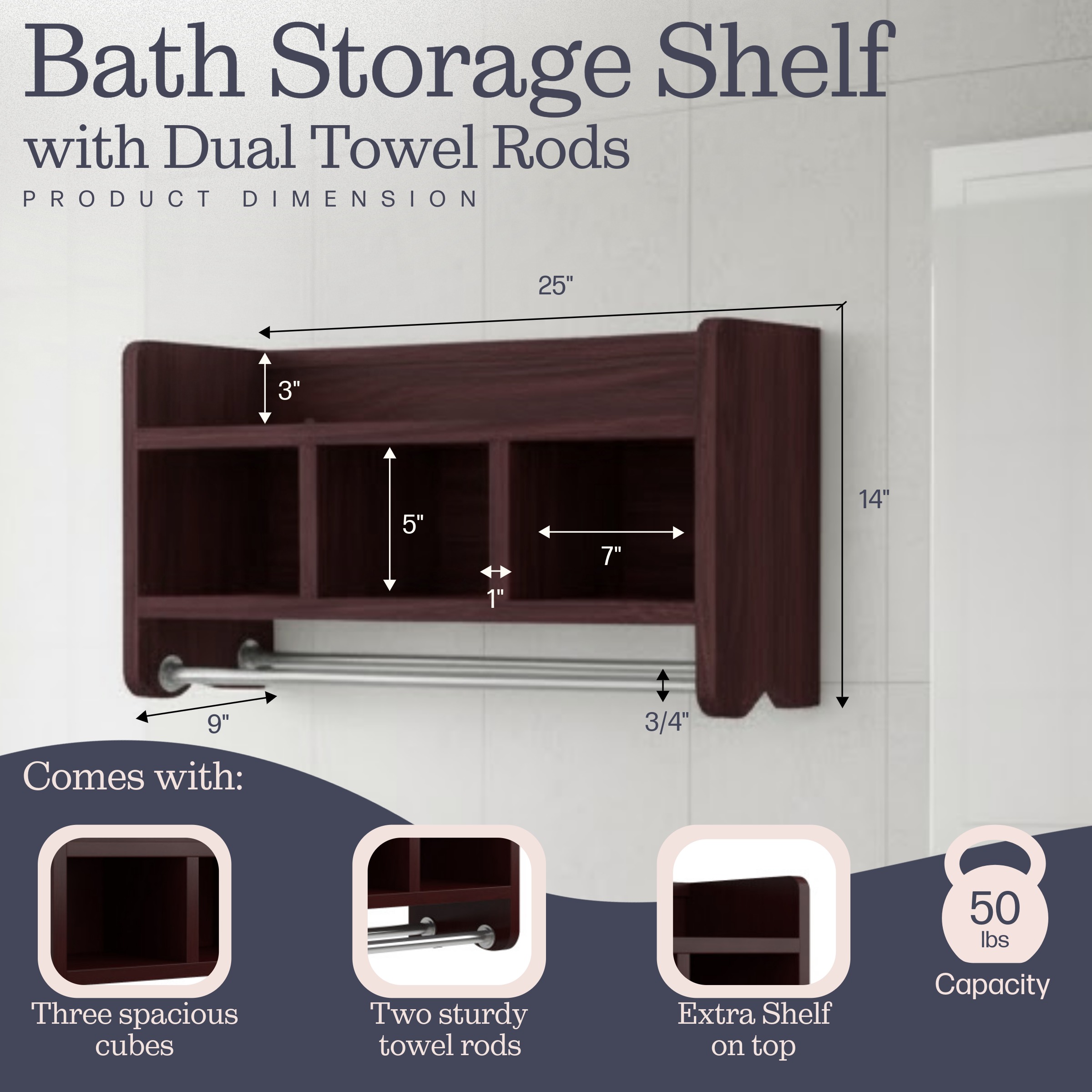 Alaterre 25" Bath Storage Shelf with Towel Rod, Espresso