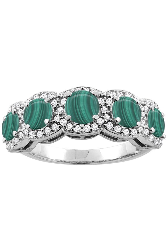 14K White Gold Natural Malachite 5-Stone Ring Round 4mm, size 5