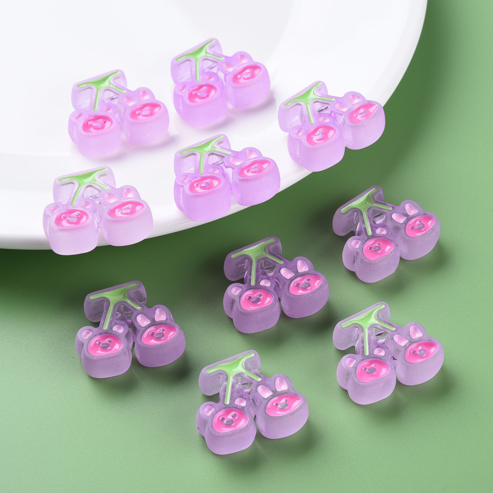 Transparent Acrylic Beads with Enamel Frosted Cherry with Bear Rabbit Plum 22.5x26x9mm Hole: 3mm