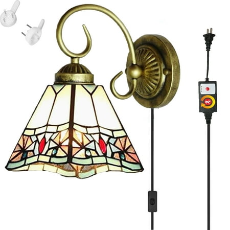 

FSLiving Plug-in Wall Sconce with Timer Tiffany Style Wall Lamp Smart Timing Wall Lights for Reading Bedroom Nightstand Mirror Corrider Bulb Not Included - 1 Light