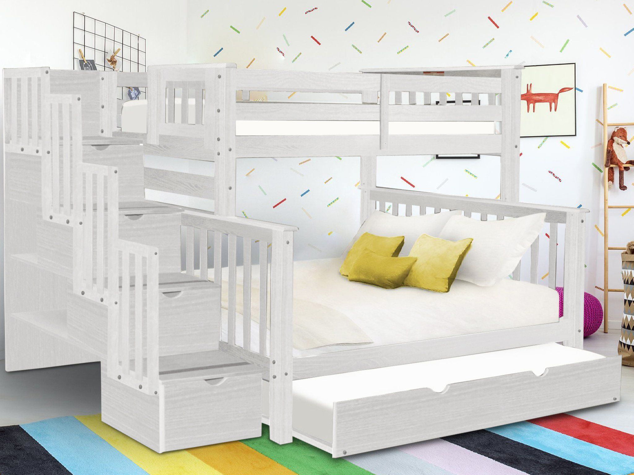 Bedz King Stairway Bunk Beds Twin Over, Twin Over Full Bunk Bed With Trundle And Drawers