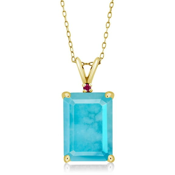 Gem Stone King 18K Yellow Gold Plated Silver Green Turquoise and Red Created Ruby Pendant Necklace for Women (5.02 Cttw, Gemstone Birthstone, Emerald Cut 14X10MM, with 18 inch Silver Chain)