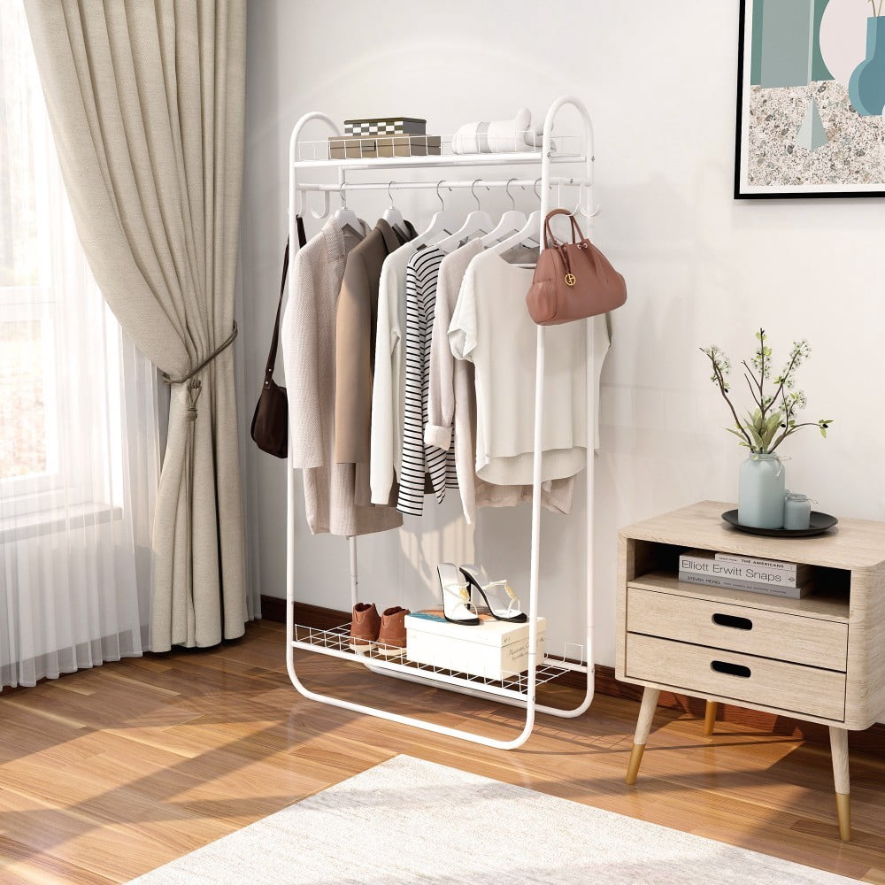 Heavy Duty Garment Rack, Freestanding Metal Clothes Rack with Double Shelves, 200 lbs Capacity, Portable Rolling Clothing Rack, White