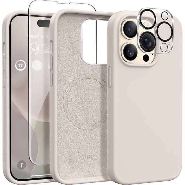 wonima44 for iPhone 14 Pro Case, Compatible with Magsafe, with Screen Protector + Camera Lens Protector, Soft Anti-Scratch Microfiber Lining, Shockproof Liquid Silicone Phone Cover, Stone