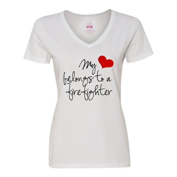 Inktastic My Heart belongs firefighter Women's V-Neck T-Shirt
