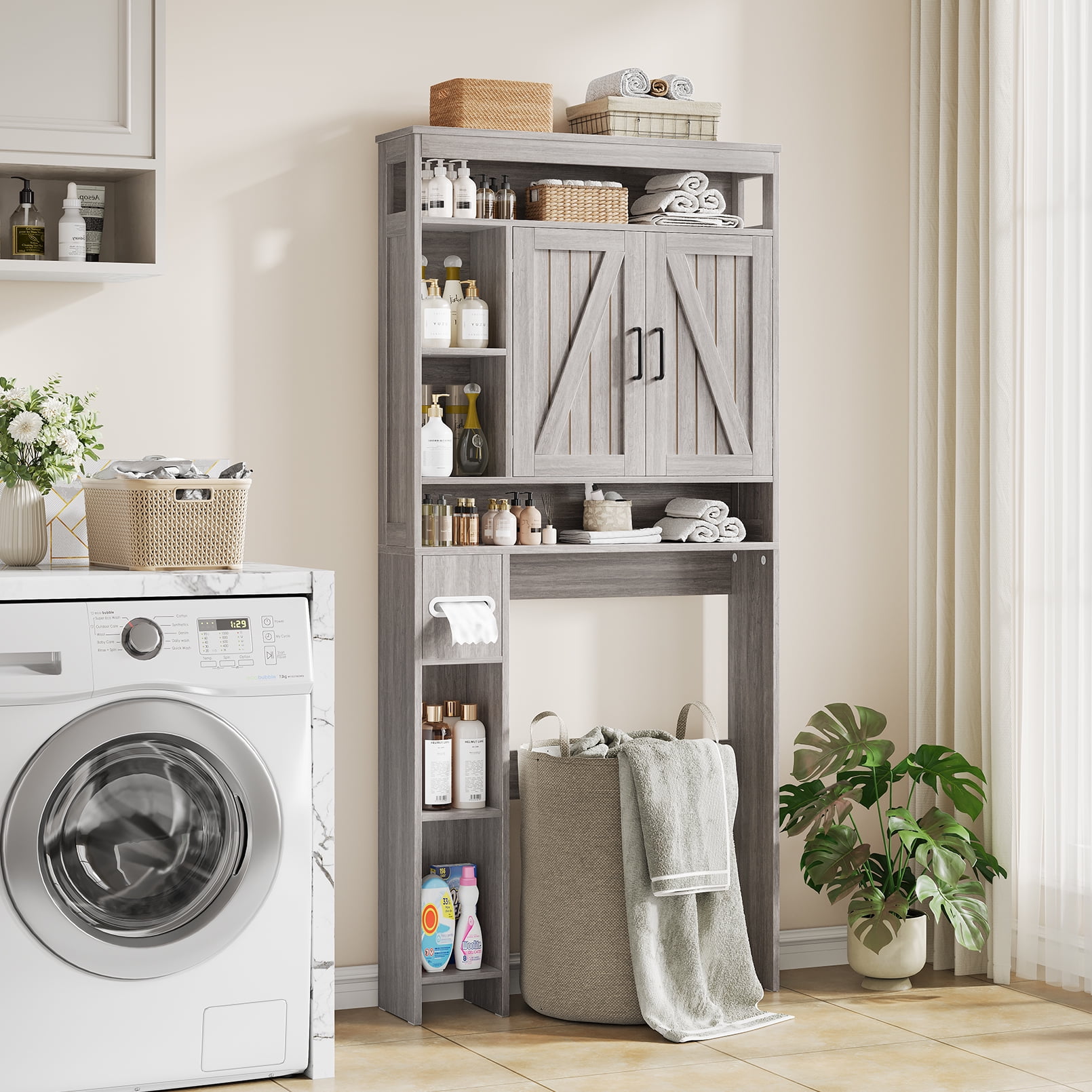 Vividwood Farmhouse Over-the-Toilet Cabinet with Soft Close Doors, Gray Wood
