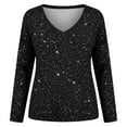 thumbnail image 4 of Women's Sweatshirt Sequin Print Long Sleeve V Neck Drop Shoulder Pullover Shirts Black, 4 of 5