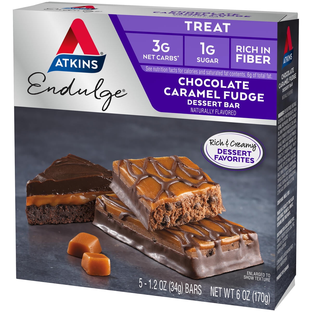 Atkins Endulge Treat, Chocolate Caramel Fudge Dessert Bar, Keto Friendly, 5 Count