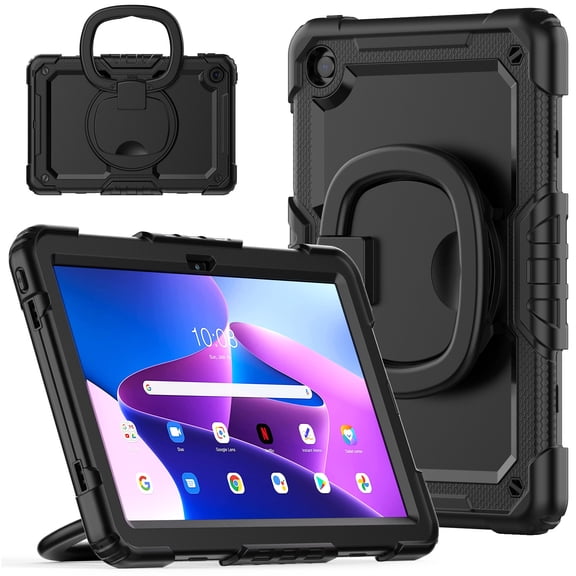 Case for Lenovo Tab M10 Plus 3rd Gen 10.6 inch 2022, 360 Rotating Stand Handle Pencil Holder Shoulder Strap Heavy Duty Shockproof Cover, Black