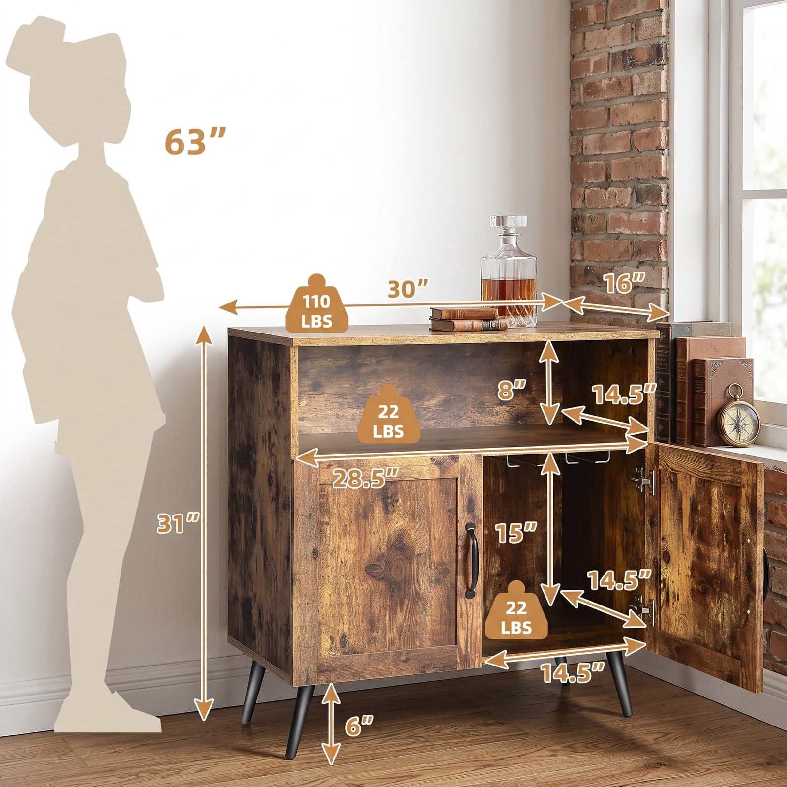 Furnibear Mid-Century Wooden Storage Cabinet Sideboard Buffet with Wine Glass Holders, Open Shelf, 2 Enclosed Cabinets for Living Room Dining Room Kitchen, Rustic Brown