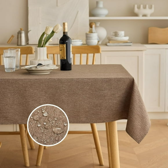 Decorelia Waterproof Farmhouse Table Cloth for Party Wedding Table, Solid Linen Woven Fall Spill-Proof Tablecloth for Dining Room, Farmhouse, Restaurant (Oblong, 60 x 120 Inch (10-12 Seats), Coffee)