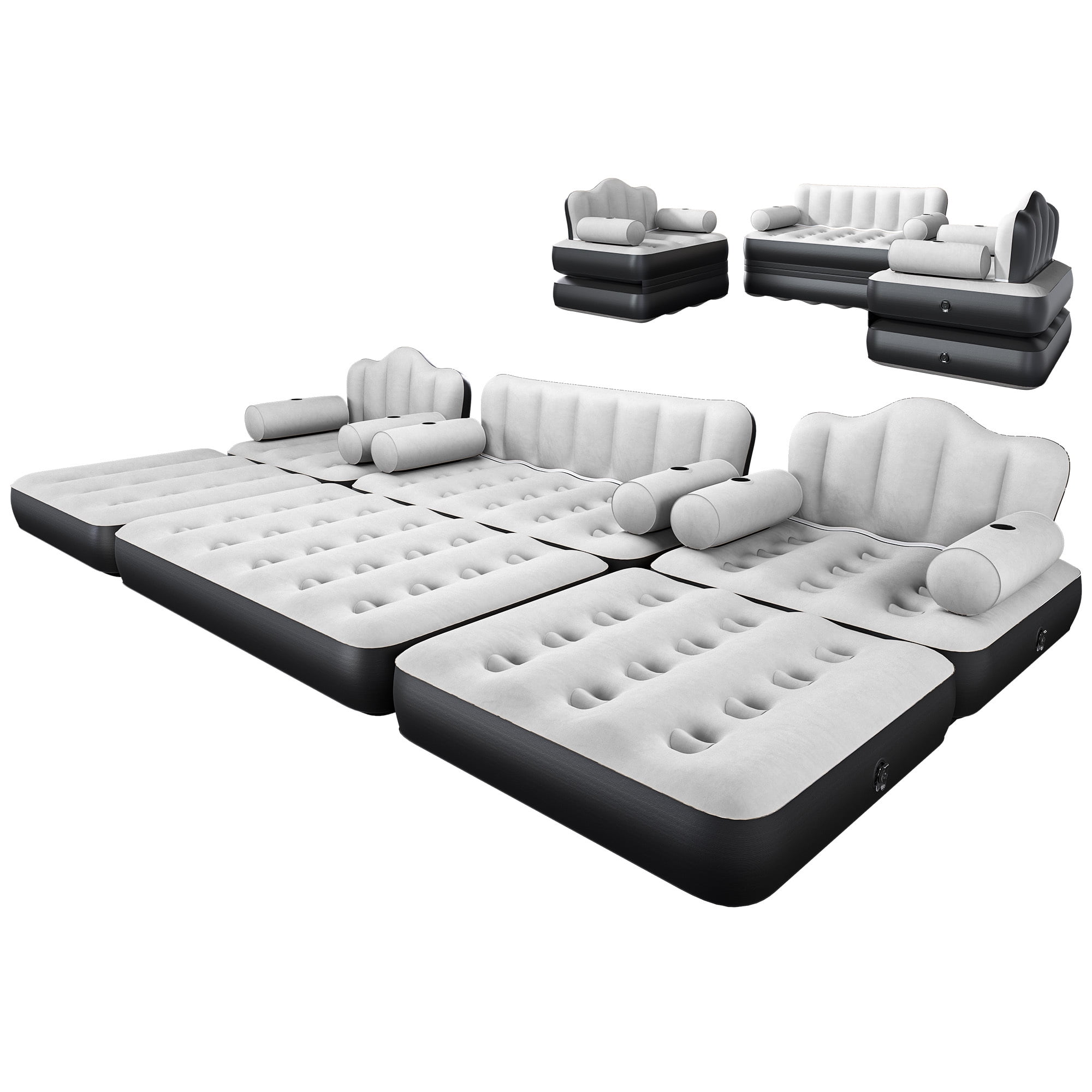 Uforic 3-Piece Convertible Air Sofa Bed Set, Queen + 2 Twin Inflatable Mattress with Headboard, Cup Holders, Pump & Carry Bag for Home Camping, Gray
