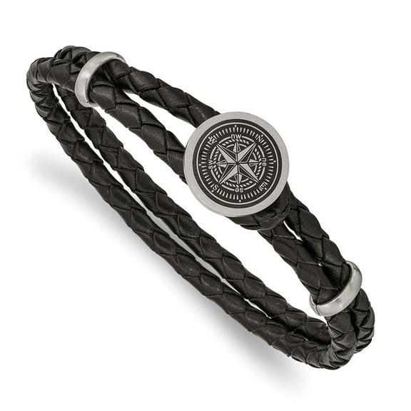 Primal Steel Stainless Steel Brushed Lasered Compass Black Leather 8.5 Inch Bracelet