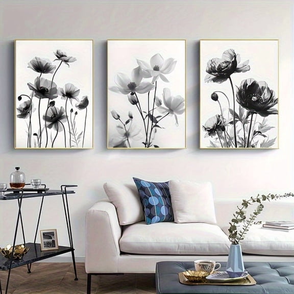 [3pcs Floral Canvas Art Set] 3pcs Modern Minimalist Floral Canvas Art Set - Black & White Wild Flower Prints, Frameless Contemporary Wall Art for Living Room & Bedroom Decor, Ideal for Home & Restau