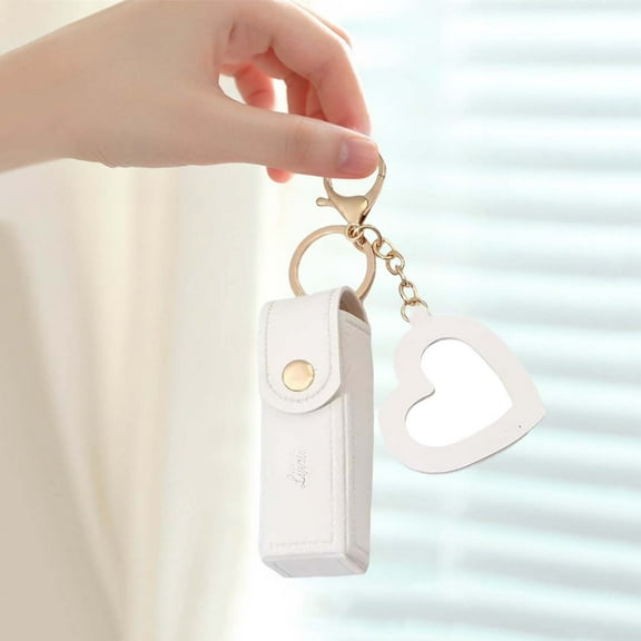 Portable Mini PU Leather Lip Gloss Keychain Holder with Heart Pendant for Travel Makeup Storage and Easy