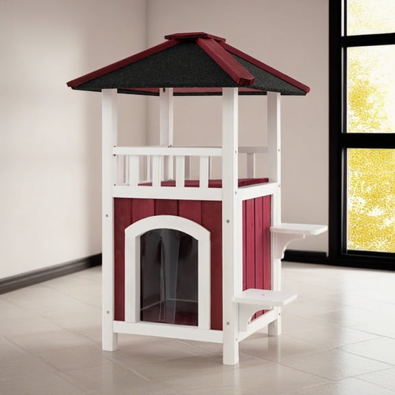 Demi Bonn 41" 2-Story Wooden Cat House with Asphalt Roof and Rain Curtain, Outdoor Cat Shelter, Feral Rainproof Kitty Cat Condo, Red