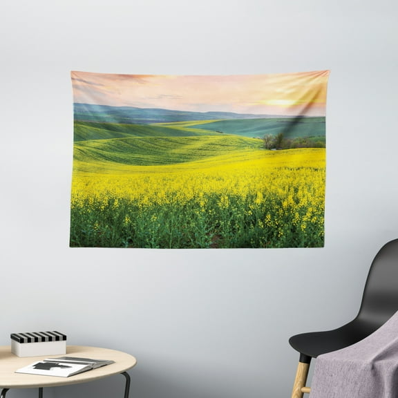 Yellow Decor Tapestry, Spring Landscape of Wildflower Fields Sunrise Colorful Sky and Hills Picture, Wall Hanging for Bedroom Living Room Dorm Decor, 60W X 40L Inches, Yellow Green, by Ambesonne