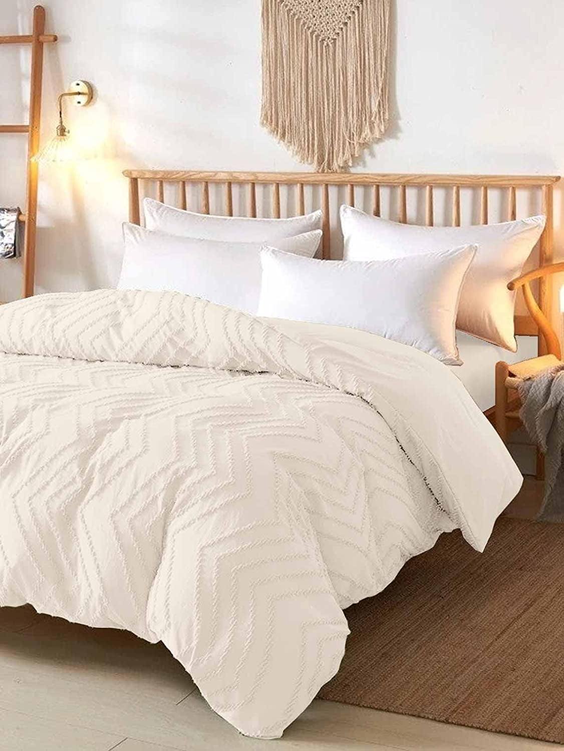 Seasonwood Queen Duvet Cover Beige Tufted Jacquard Microfiber Bedding Set 3pcs 90" x 90"