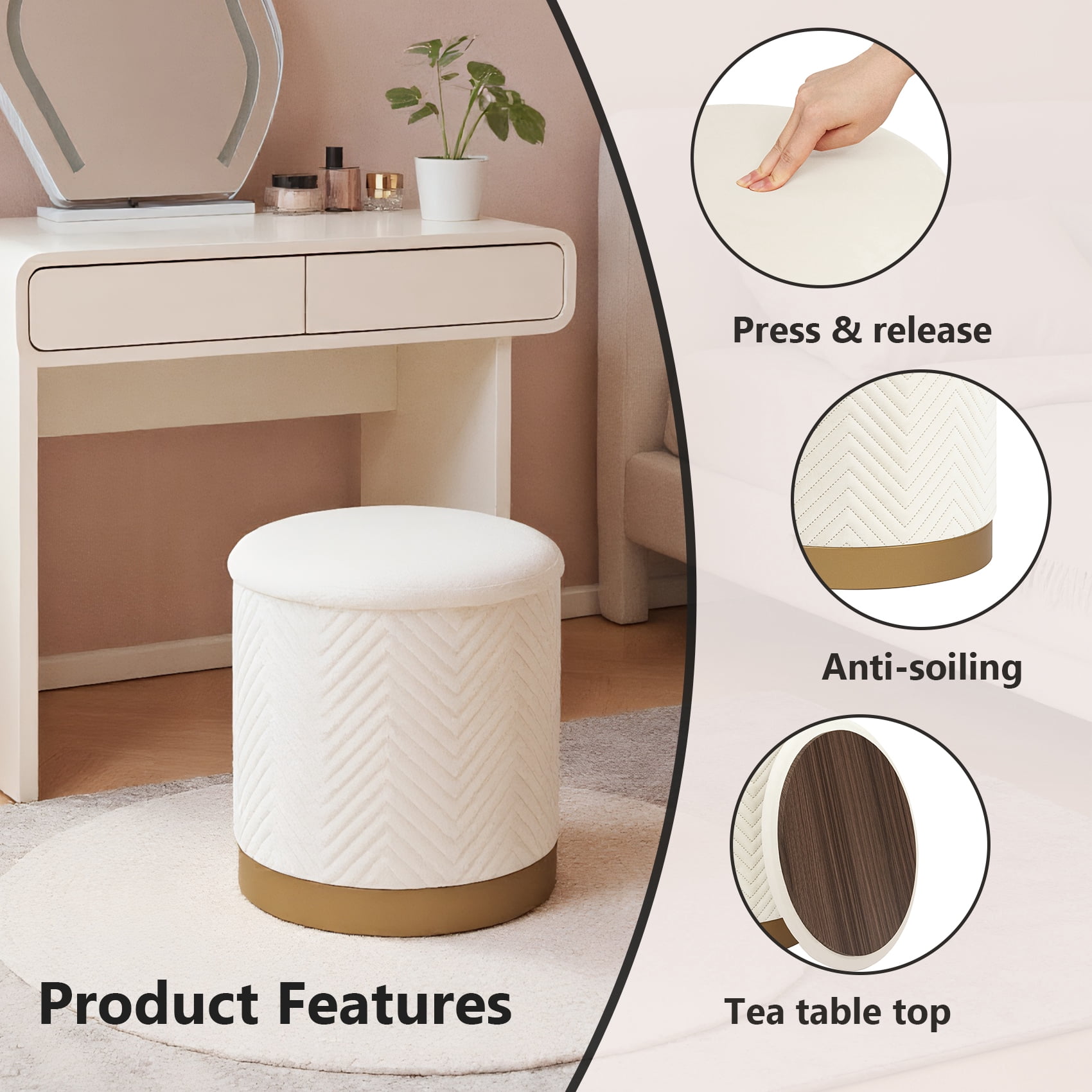PINPLUS 15" Round Storage Ottoman with Tray Gold Edge Stool Leg Foot Rest for Living Room White,Velvet Fabric