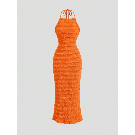 Orange Ruched Halter Maxi Dress With Adjustable Neck Tie