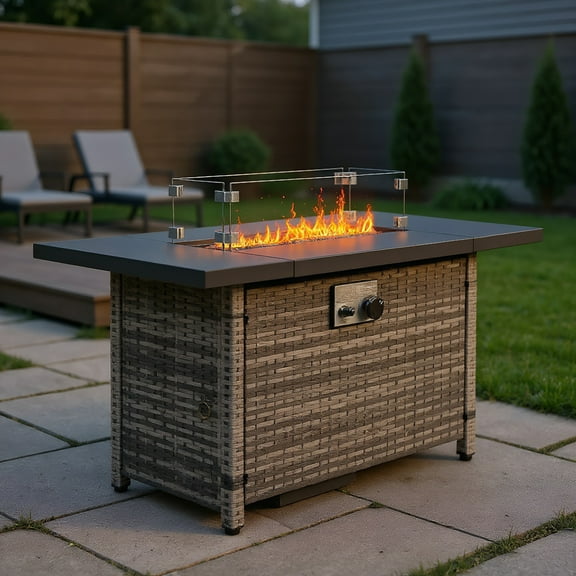 Resenkos 43-Inch Fire Table，50000 BTU Gas Firepit with Volcanic Stone Black， Backyard Gatherings, Gray