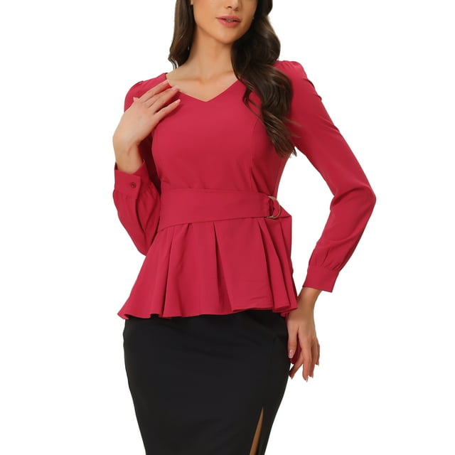 Blusas peplum con cuello en V y mangas largas de INSPIRE CHIC en rojo XS