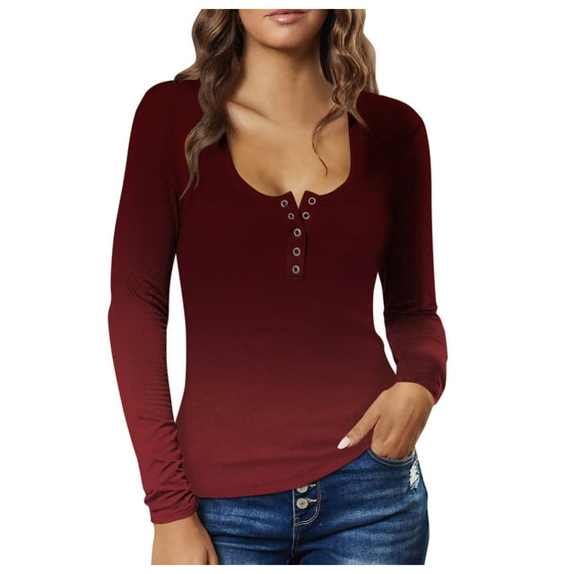 T-shirts pour Femmes à Manches Longues Tuniques pour Femmes Hauts d'Automne Mode Imprimé Couleur Col Carré T-Shirts Mignons Rouge 2TG