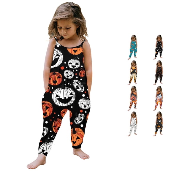 HNMKIU Kids Girl Halloween Jumpsuit Sleeveless Pumpkin Graphic Romper, Harem Pant Bodysuit, Soft Summer Crawling Outfit For Toddler Halloween Daily Party Grey - 5-6Years